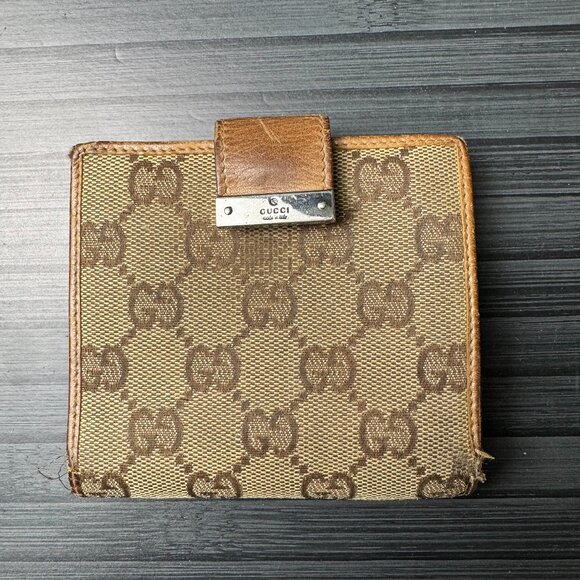 GUCCI GG Logo Canvas Leather Bifold Wallet Brown Used|Authentic - Picture 1 of 6